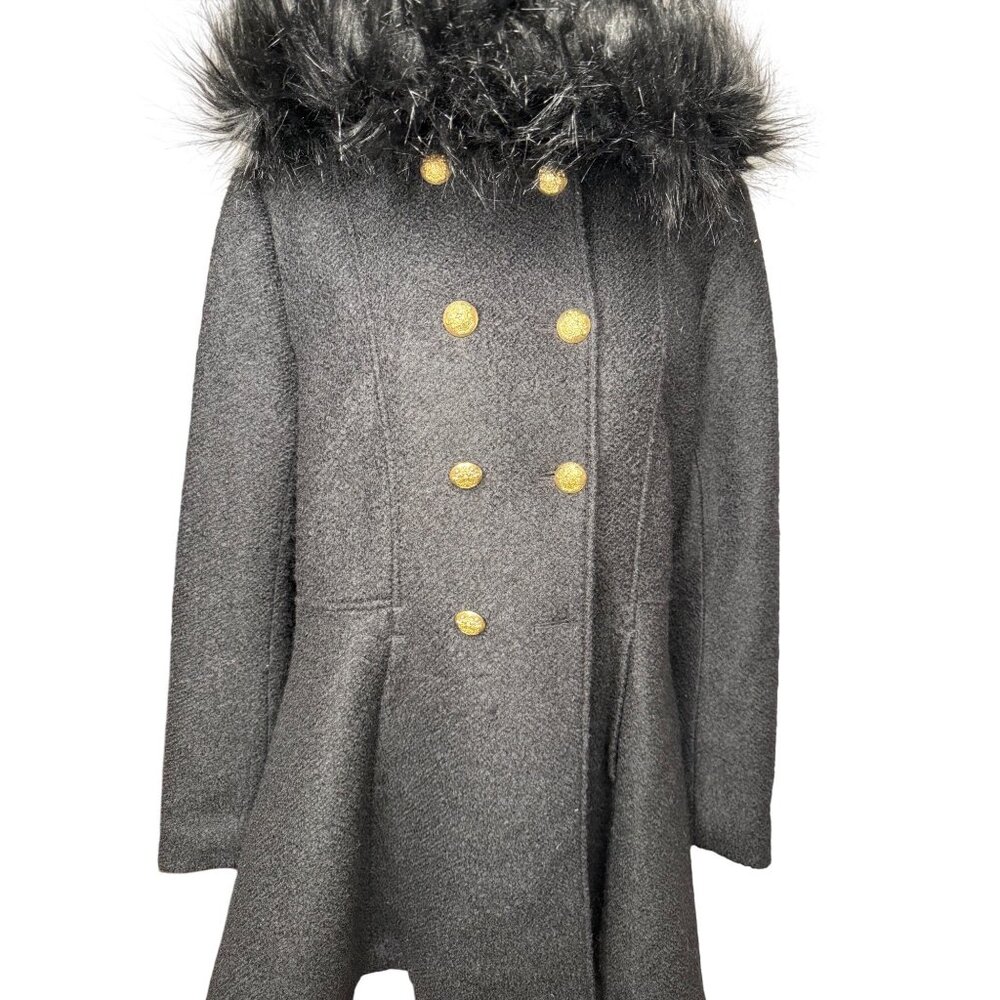 Liz Claiborne Womens Black Boucle Faux Fur Hood Wool Blend Swing Coat XL Read